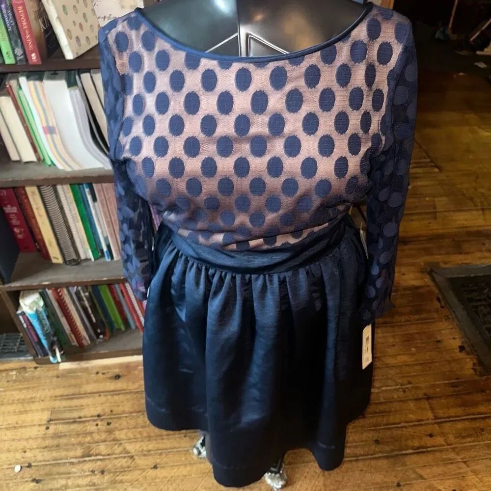 Eliza J blue polka dot lace layered 14W elegant midi dress